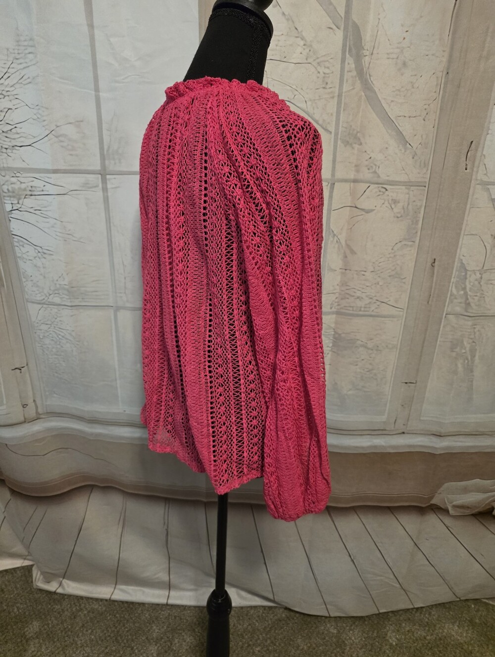 Pink Openwork Button-Front Womens Top - Picture 3 of 6